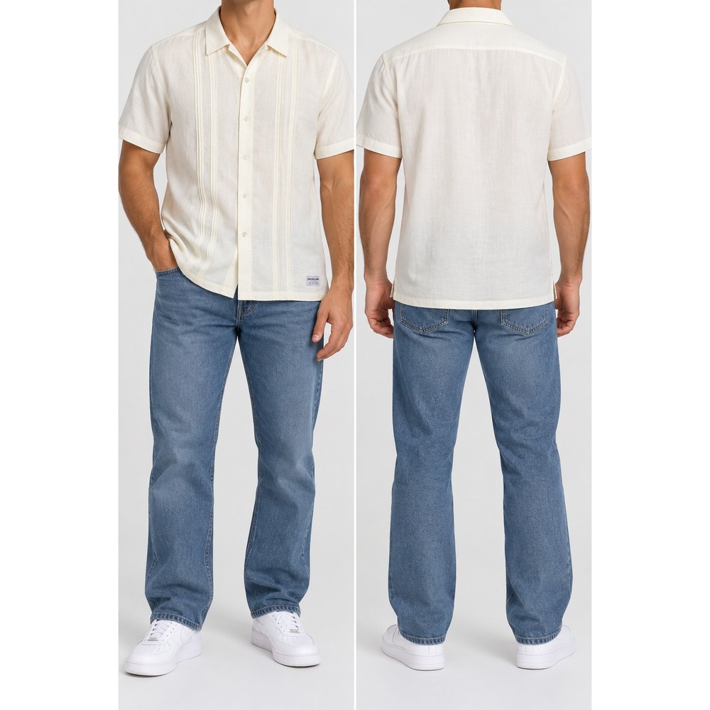 Scotch & Soda Mens XXL Cream Pintuck Pleated Short Sleeve Button Up Shirt